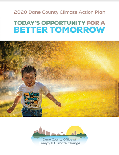 Boy running through sprinkler, 2020 Dane County Climate Action Plan
