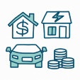 Car, coins, money house, and lightning house