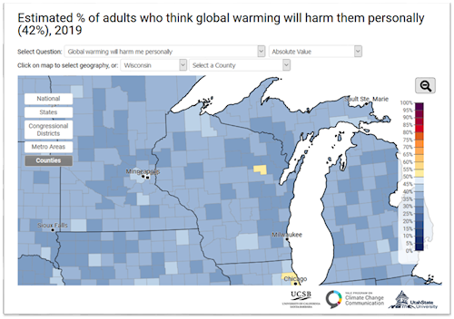 Less than half of adults in Wisconsin counties think global warming will harm them personally.