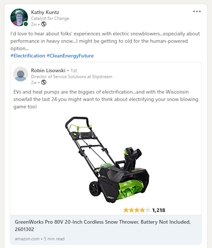 Social media post about electric snow blower