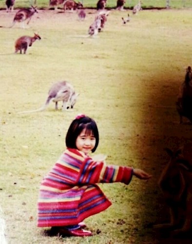Young girl offering food to kangaroo