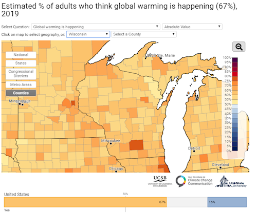 More than half of adults in every Wisconsin county think global warming is hapening.