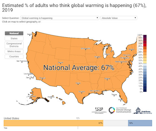 Map of US where 67% of Americans think global warming is happening