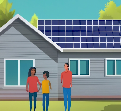 cartoon people standing next to house with solar panels