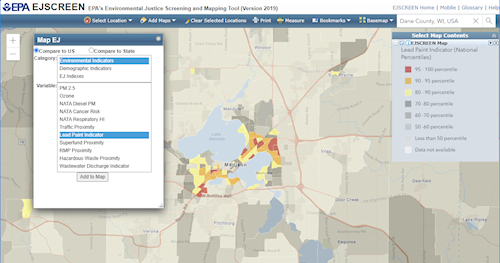 Screen shot of EJ Screen, showing risk of lead pain in Madison area.