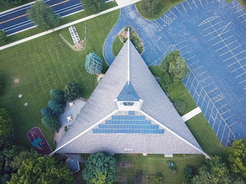 Aerial view of solar on Memorial UCC