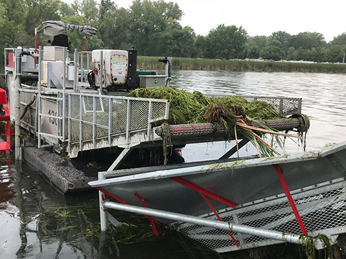 An aquatic plant harvester at work in a Dane County waterway.