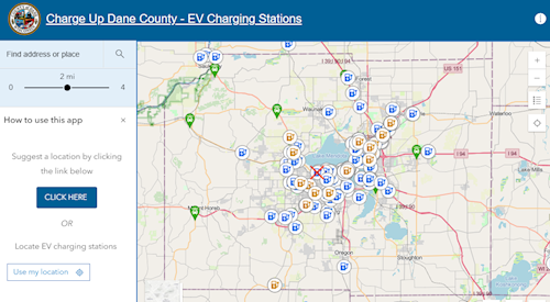 Map of EV Charging Station Locations in Dane County