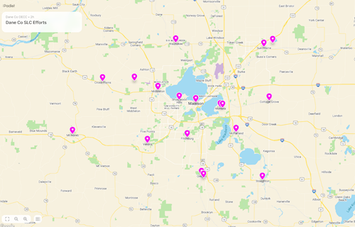 Map of Dane County with icons where there's activity